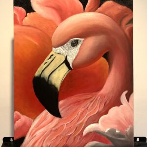 Flamingo oil painting portrait on wood panel with pink feathers and detailed beak